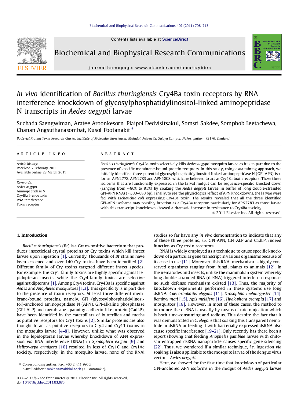 In vivo identification of Bacillus thuringiensis Cry4Ba toxin receptors by RNA interference knockdown of glycosylphosphatidylinositol-linked aminopeptidase N transcripts in Aedes aegypti larvae