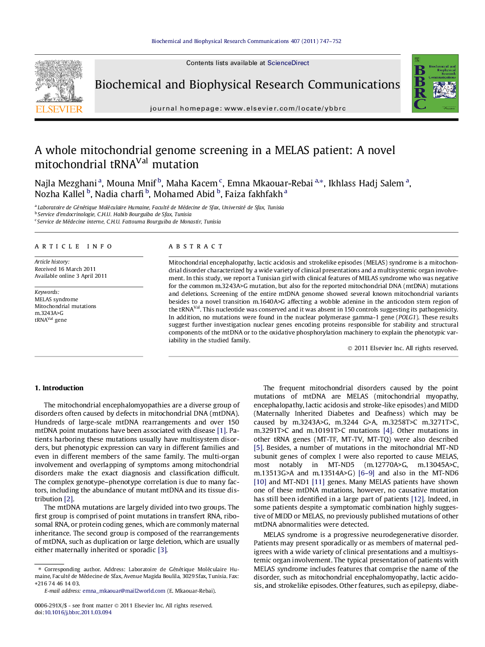 A whole mitochondrial genome screening in a MELAS patient: A novel mitochondrial tRNAVal mutation