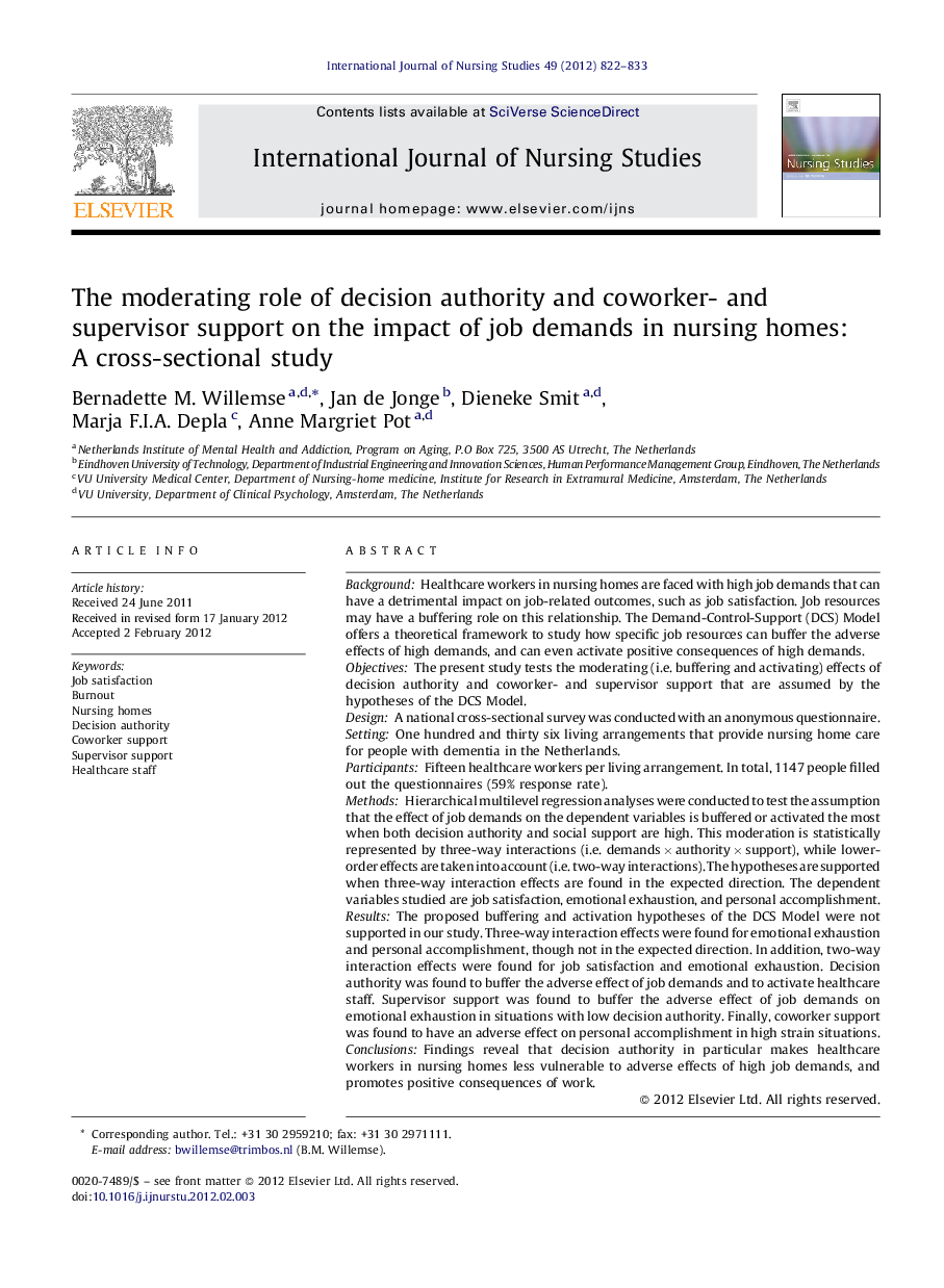عکس صفحه اول مقاله: The moderating role of decision authority and coworker- and supervisor support on the impact of job demands in nursing homes: A cross-sectional study The moderating role of decision authority and coworker- and supervisor support on the impact of job demands in nursing homes: A cross-sectional study