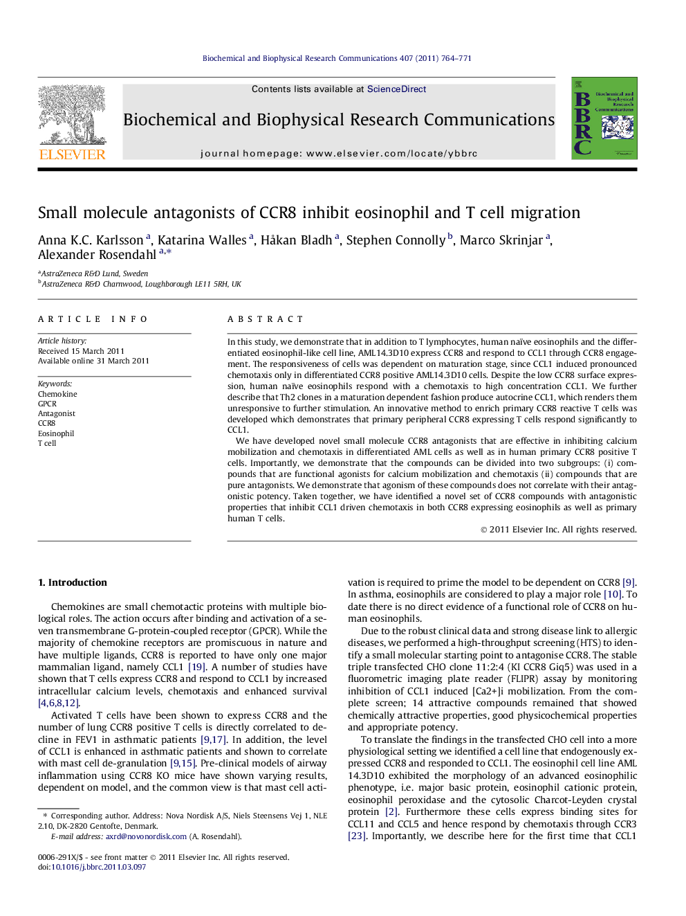 Small molecule antagonists of CCR8 inhibit eosinophil and T cell migration