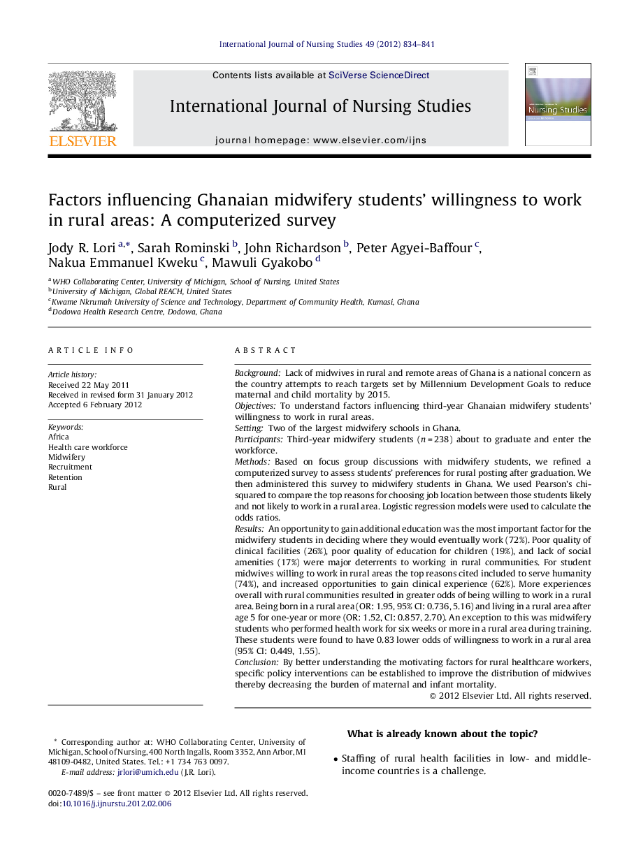 Factors influencing Ghanaian midwifery students’ willingness to work in rural areas: A computerized survey