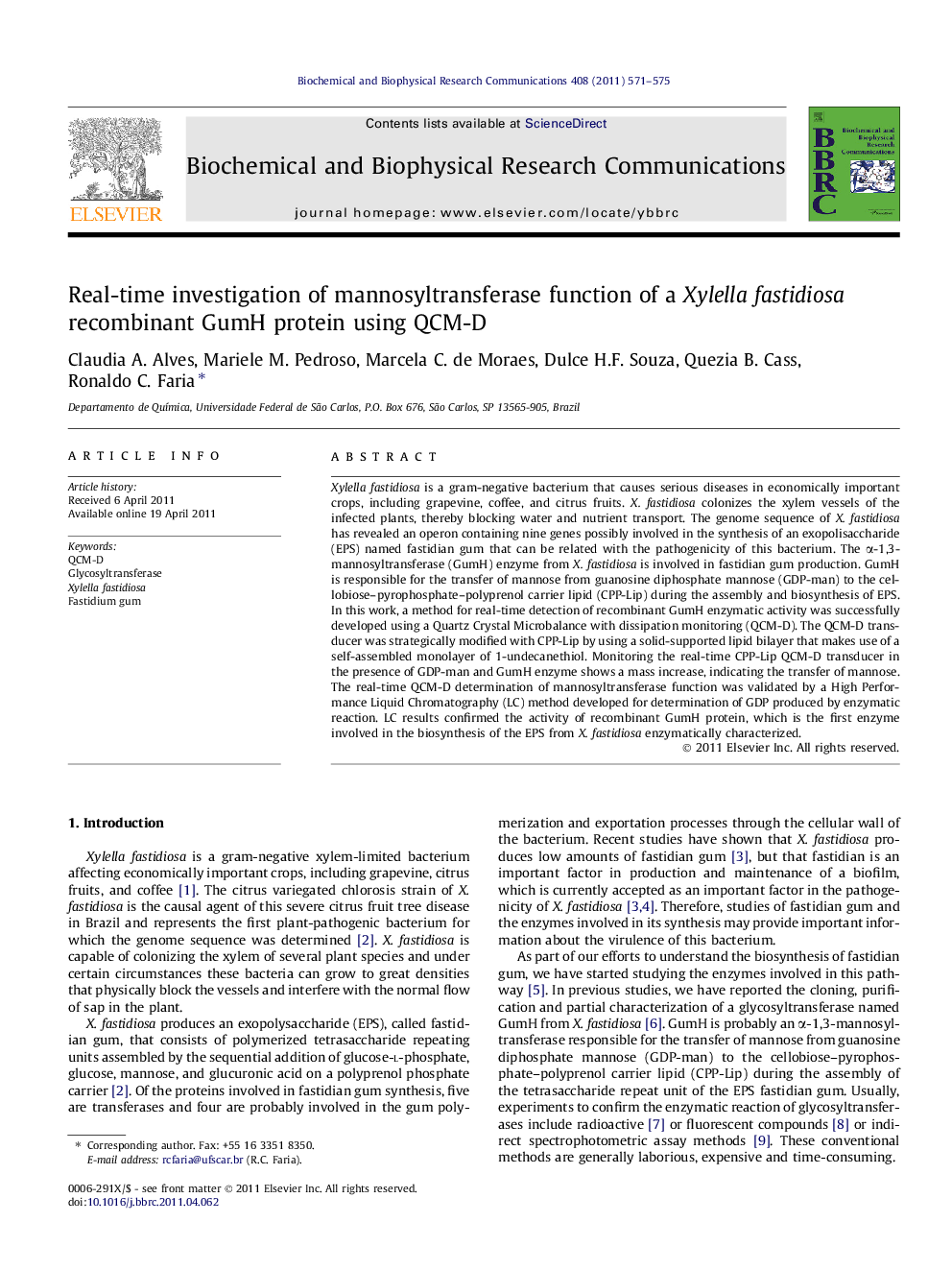 Real-time investigation of mannosyltransferase function of a Xylella fastidiosa recombinant GumH protein using QCM-D