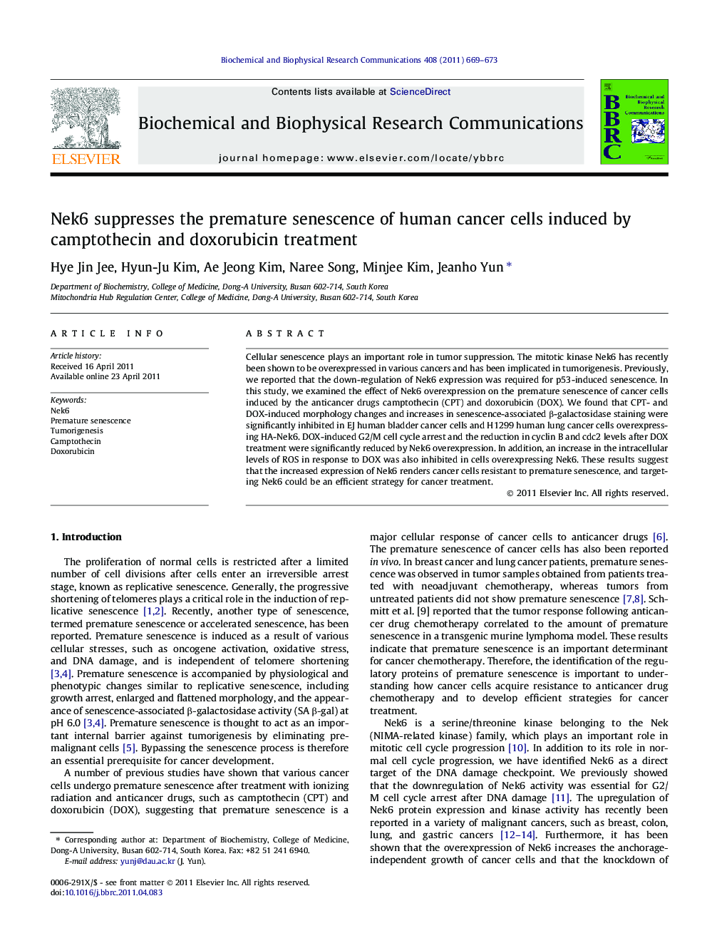 Nek6 suppresses the premature senescence of human cancer cells induced by camptothecin and doxorubicin treatment