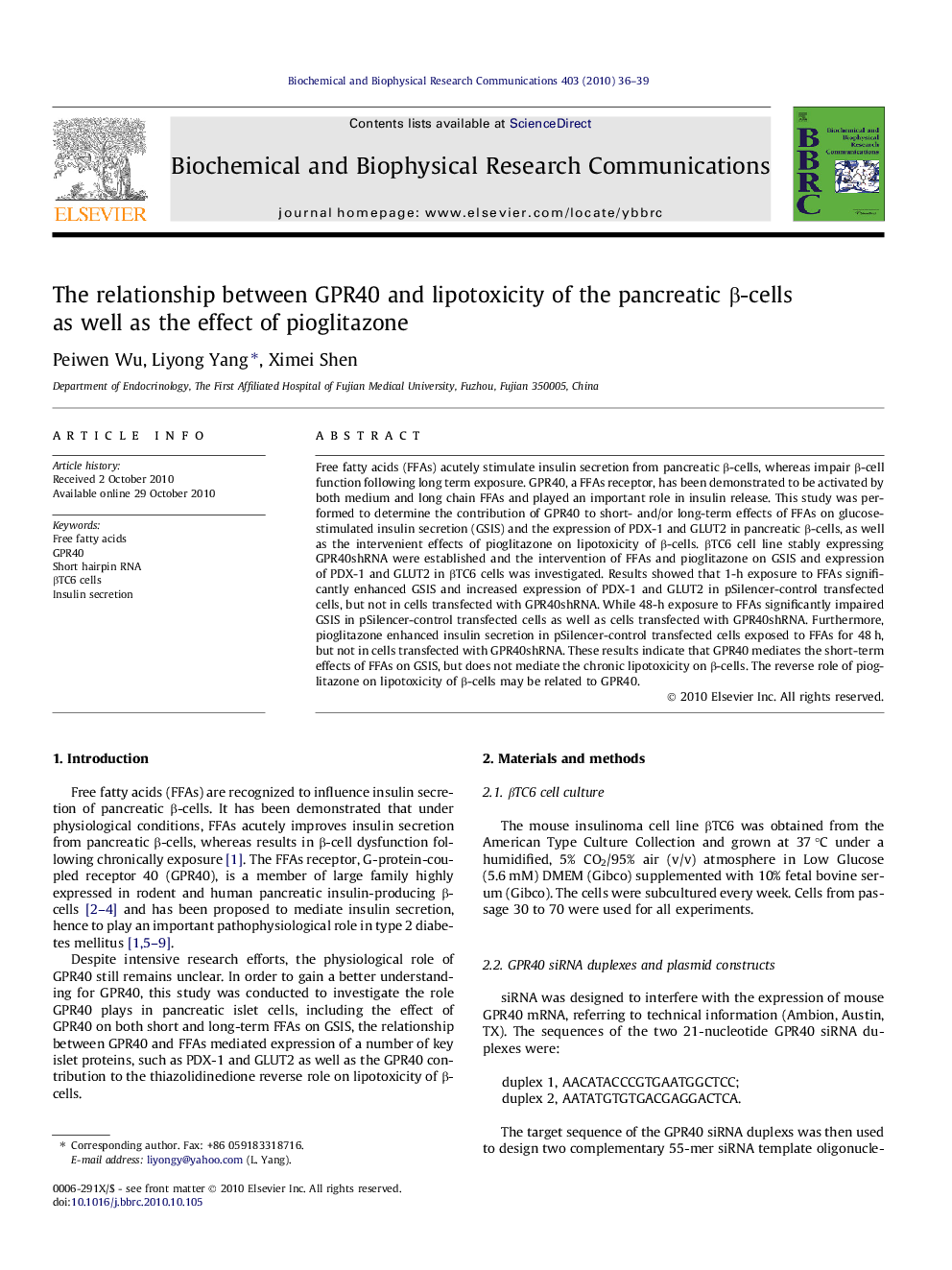 The relationship between GPR40 and lipotoxicity of the pancreatic Î²-cells as well as the effect of pioglitazone