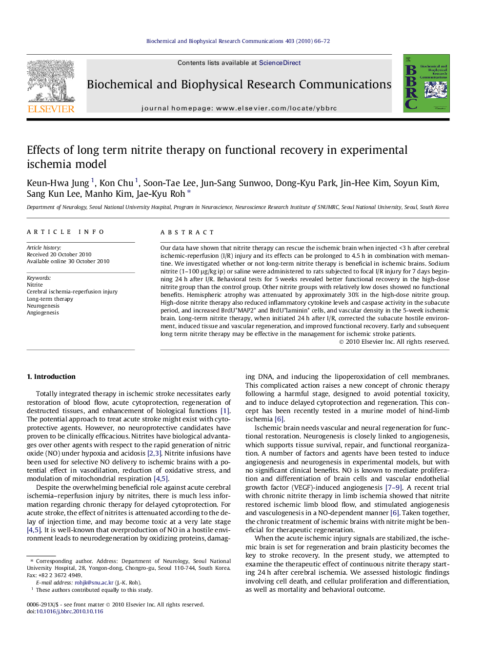 Effects of long term nitrite therapy on functional recovery in experimental ischemia model