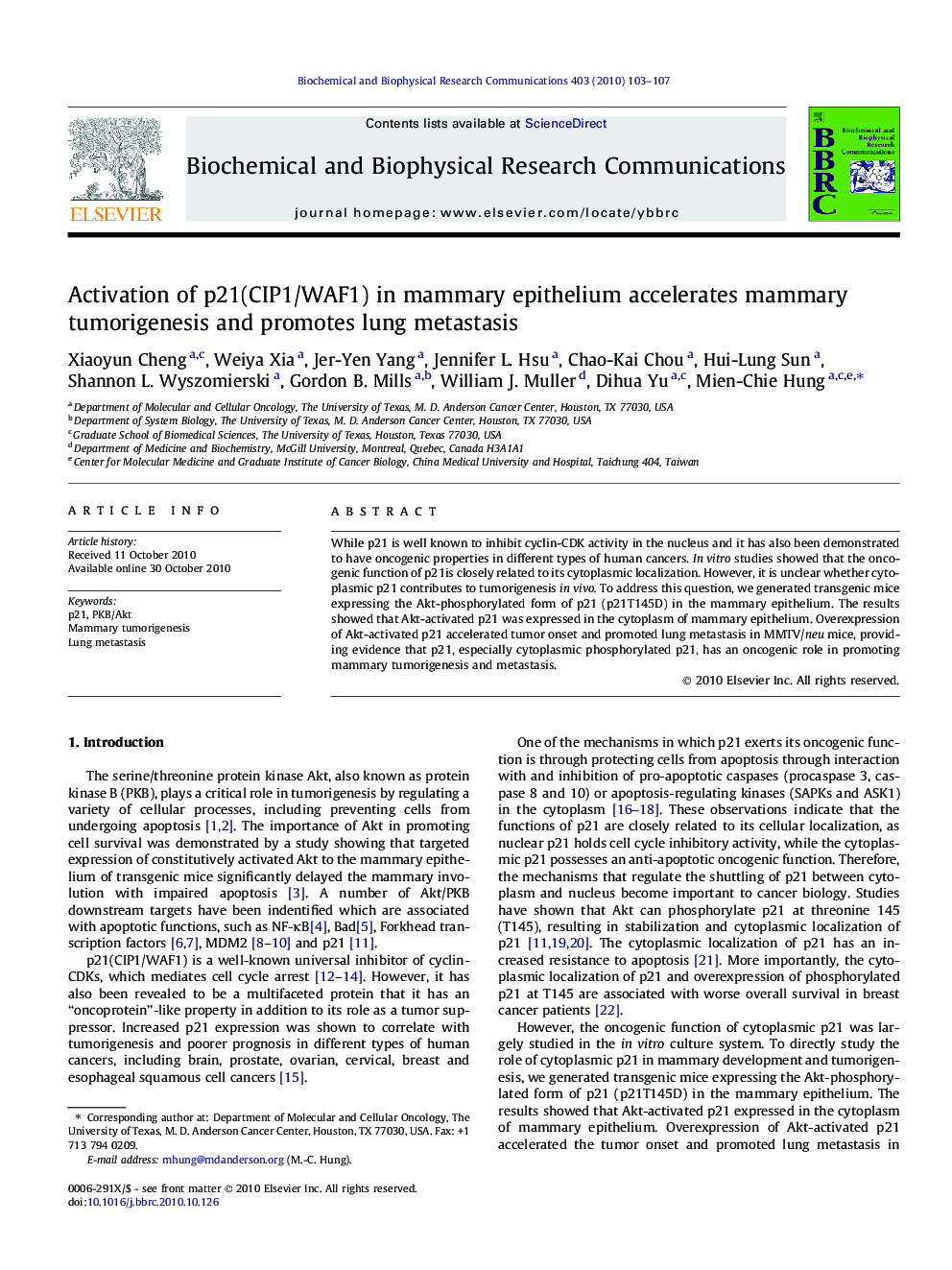 Activation of p21(CIP1/WAF1) in mammary epithelium accelerates mammary tumorigenesis and promotes lung metastasis