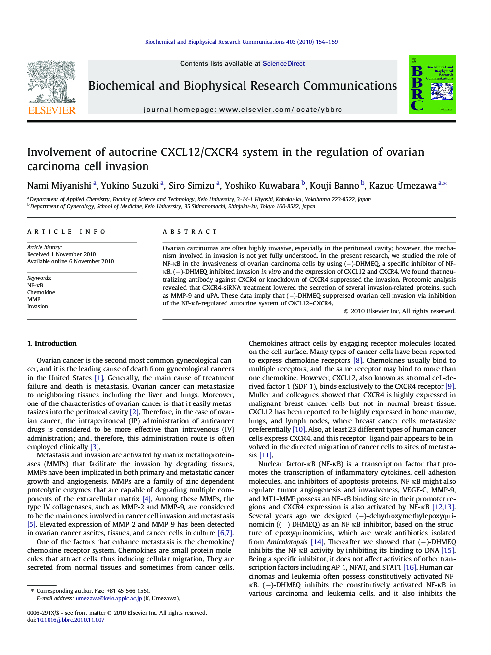 Involvement of autocrine CXCL12/CXCR4 system in the regulation of ovarian carcinoma cell invasion