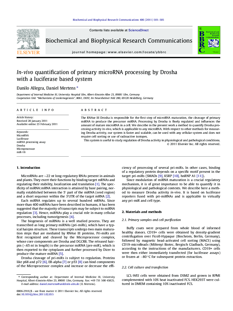 In-vivo quantification of primary microRNA processing by Drosha with a luciferase based system