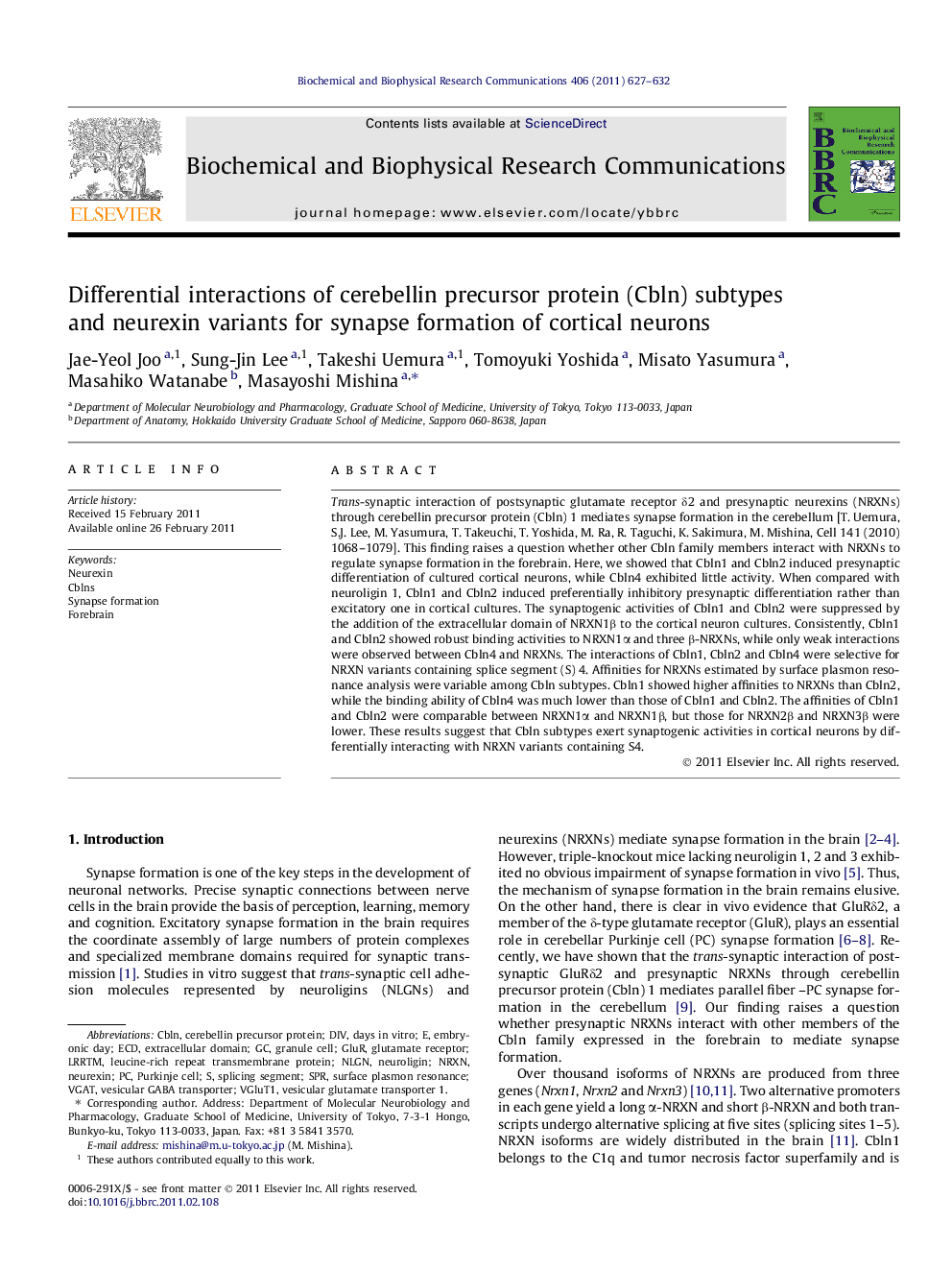 Differential interactions of cerebellin precursor protein (Cbln) subtypes and neurexin variants for synapse formation of cortical neurons