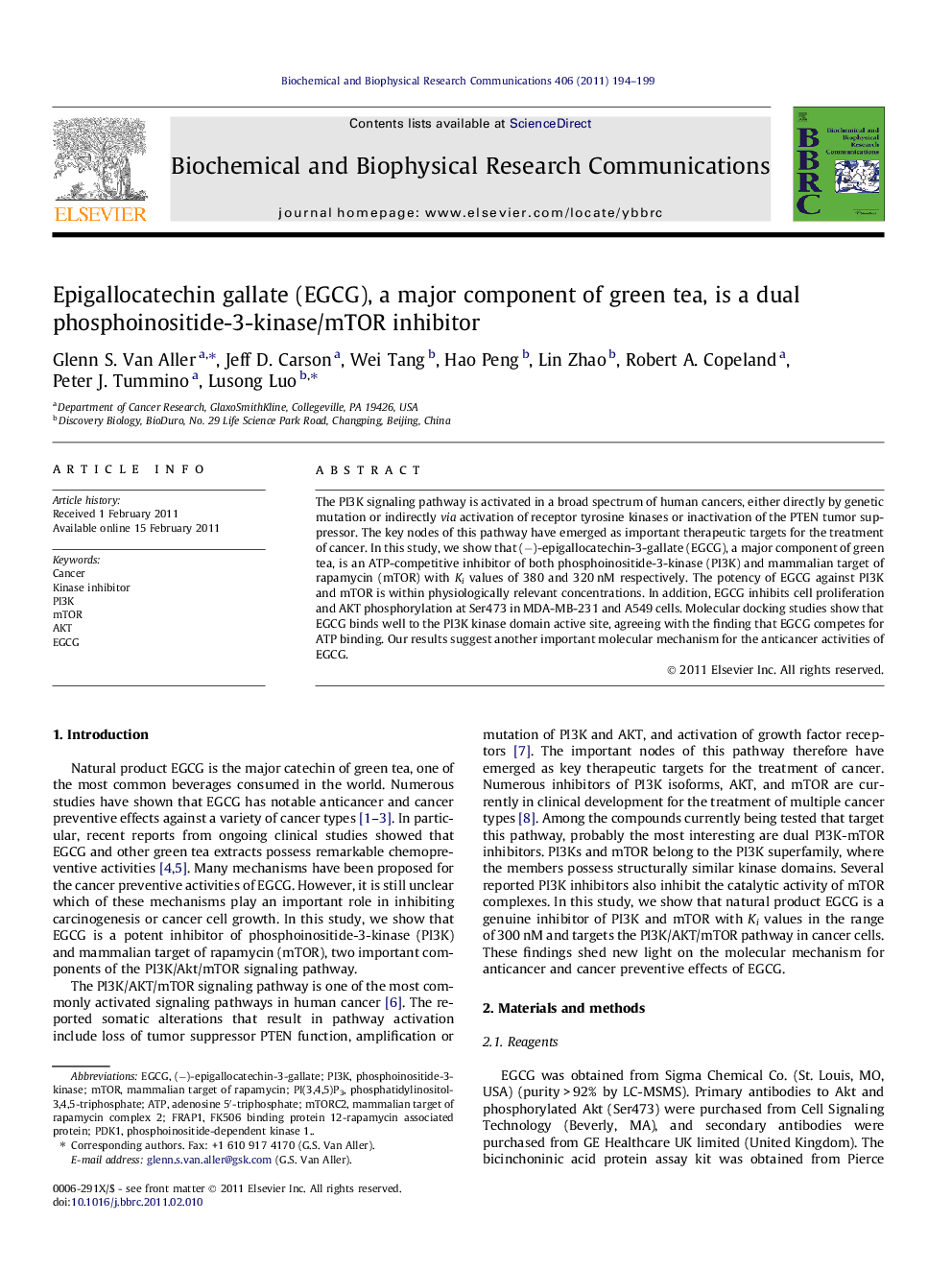 Epigallocatechin gallate (EGCG), a major component of green tea, is a dual phosphoinositide-3-kinase/mTOR inhibitor