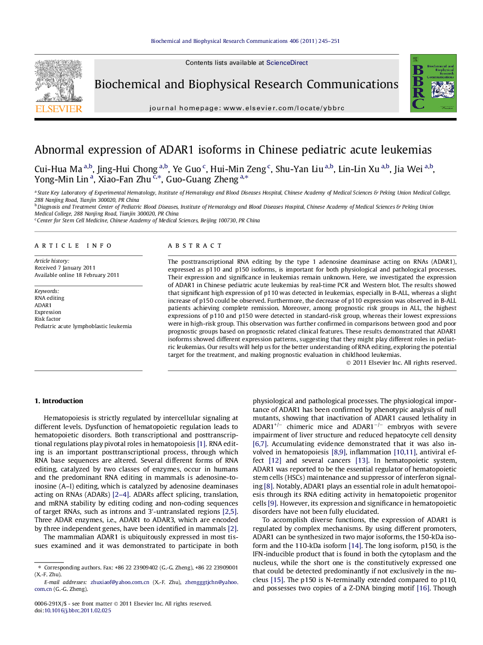 Abnormal expression of ADAR1 isoforms in Chinese pediatric acute leukemias