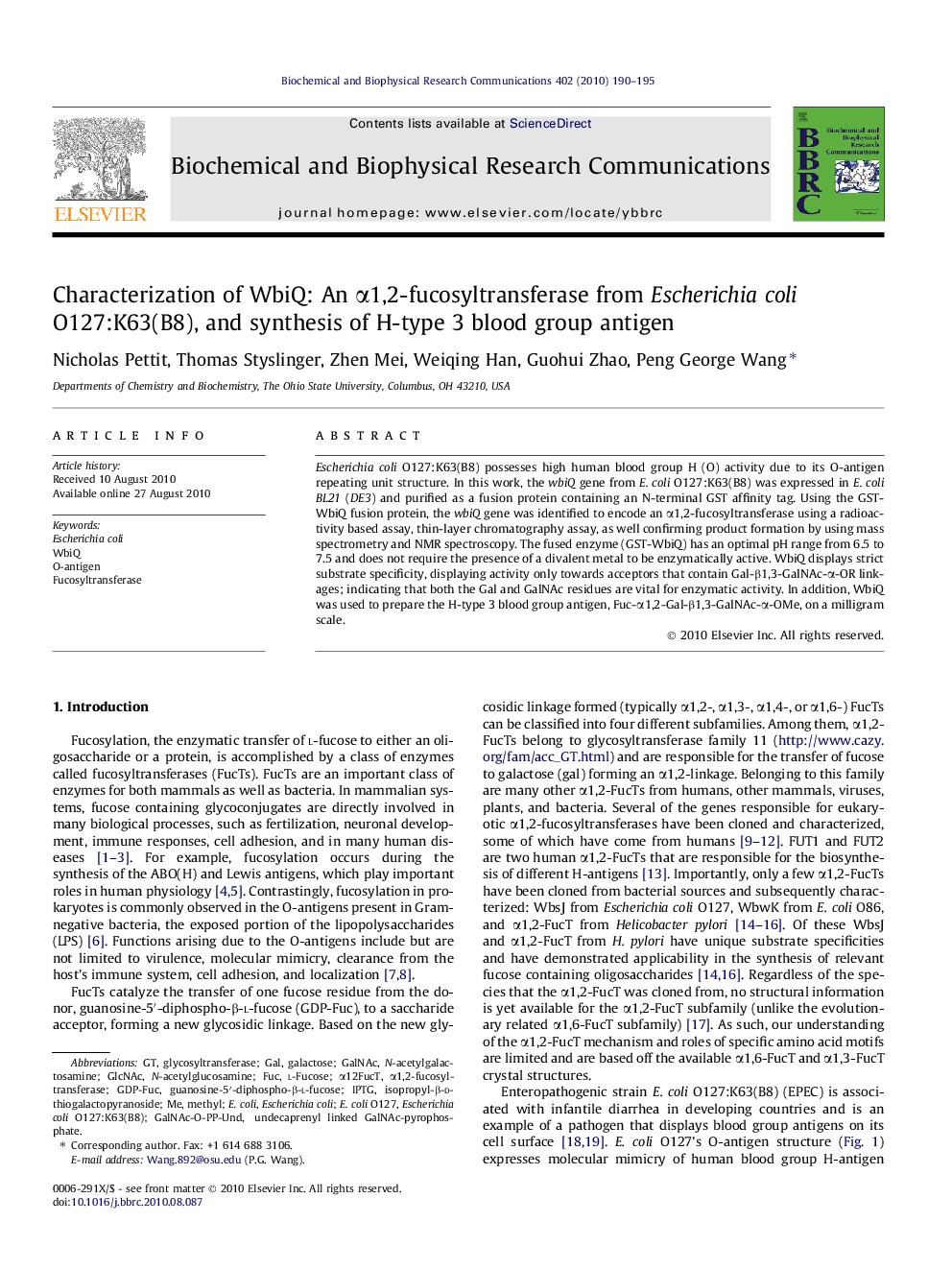 Characterization of WbiQ: An Î±1,2-fucosyltransferase from Escherichia coli O127:K63(B8), and synthesis of H-type 3 blood group antigen