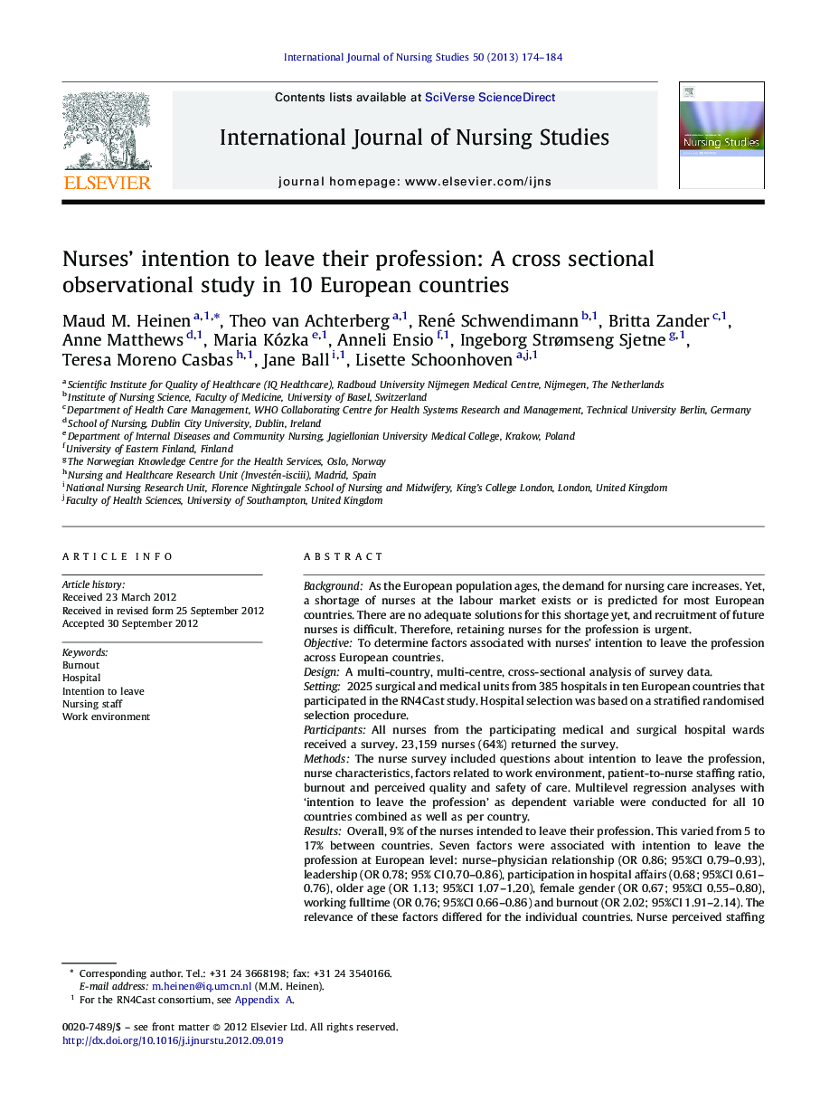 عکس صفحه اول مقاله: Nurses’ intention to leave their profession: A cross sectional observational study in 10 European countries Nurses’ intention to leave their profession: A cross sectional observational study in 10 European countries