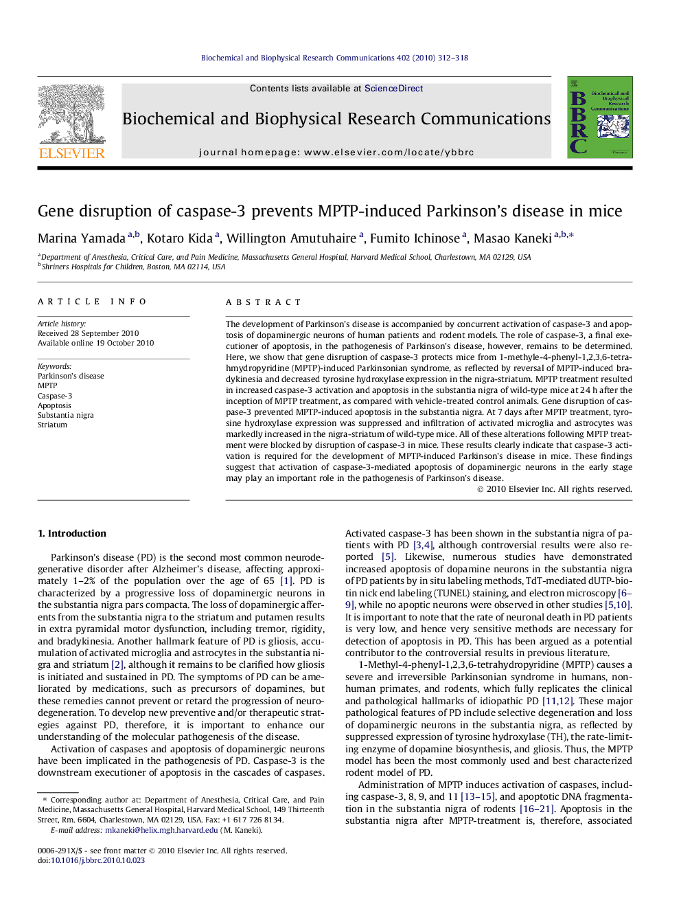 Gene disruption of caspase-3 prevents MPTP-induced Parkinson's disease in mice