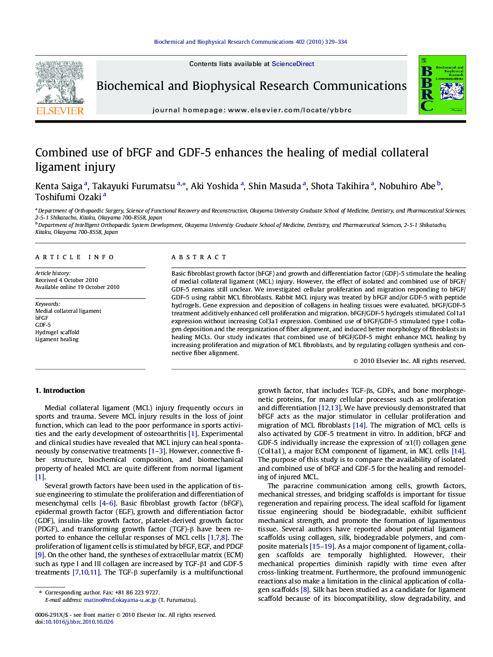 Combined use of bFGF and GDF-5 enhances the healing of medial collateral ligament injury