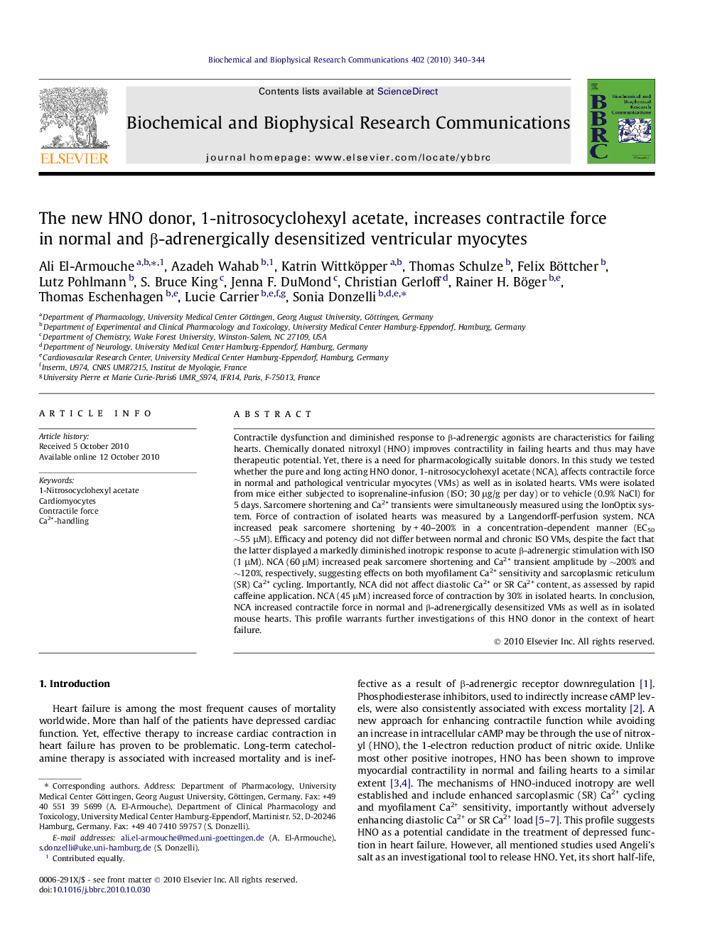 The new HNO donor, 1-nitrosocyclohexyl acetate, increases contractile force in normal and Î²-adrenergically desensitized ventricular myocytes