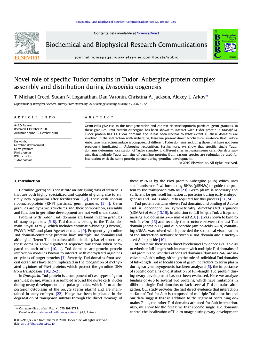 Novel role of specific Tudor domains in Tudor-Aubergine protein complex assembly and distribution during Drosophila oogenesis