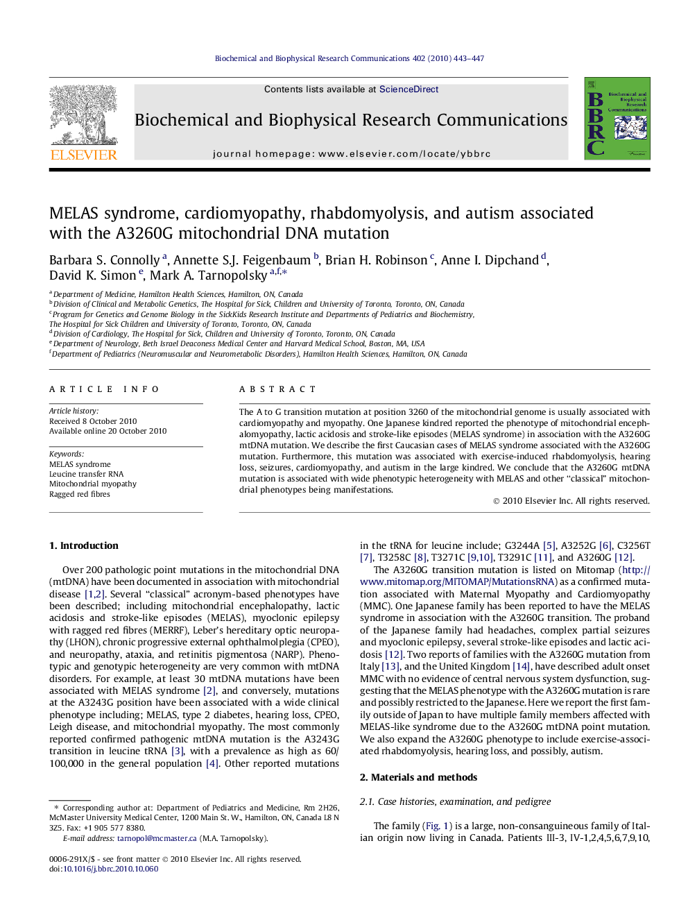 MELAS syndrome, cardiomyopathy, rhabdomyolysis, and autism associated with the A3260G mitochondrial DNA mutation