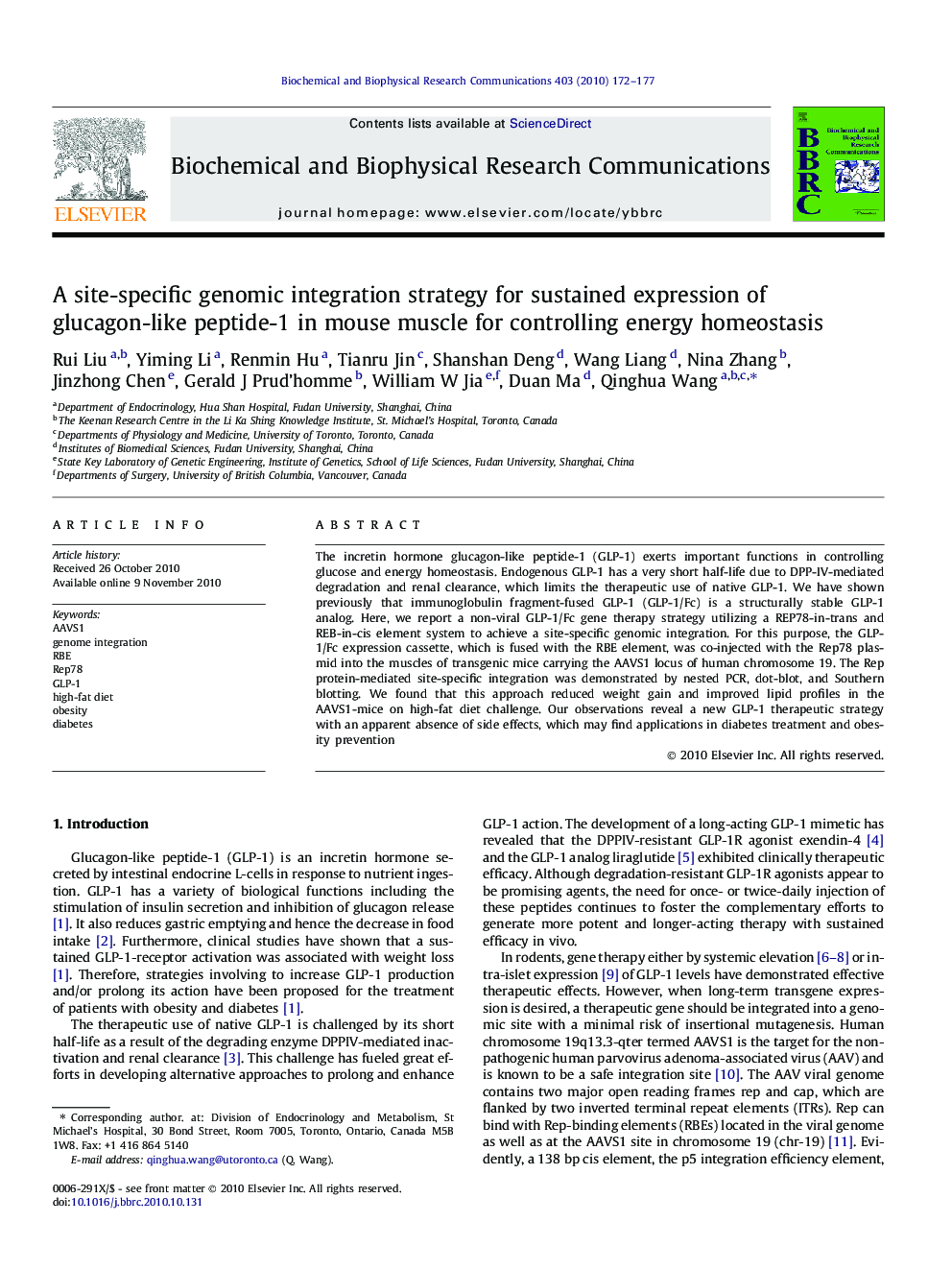 A site-specific genomic integration strategy for sustained expression of glucagon-like peptide-1 in mouse muscle for controlling energy homeostasis