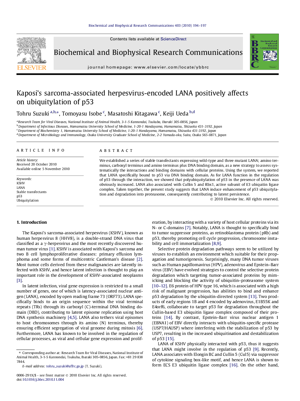 Kaposi's sarcoma-associated herpesvirus-encoded LANA positively affects on ubiquitylation of p53