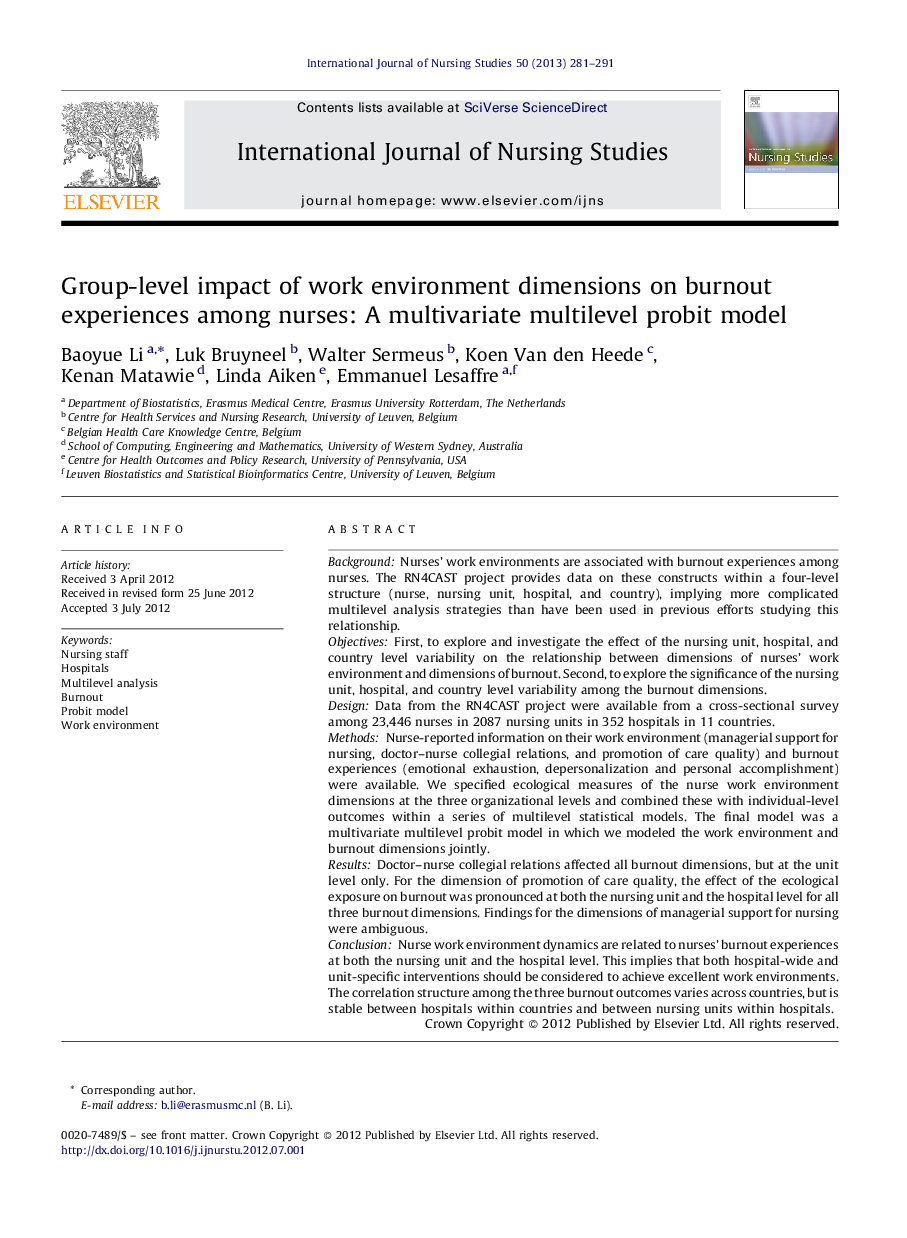 Group-level impact of work environment dimensions on burnout experiences among nurses: A multivariate multilevel probit model