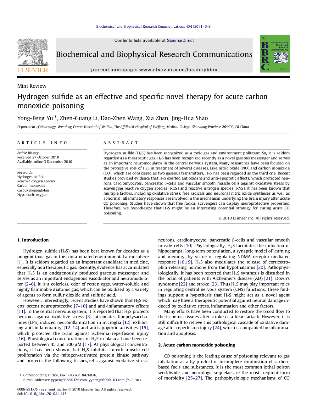 Hydrogen sulfide as an effective and specific novel therapy for acute carbon monoxide poisoning