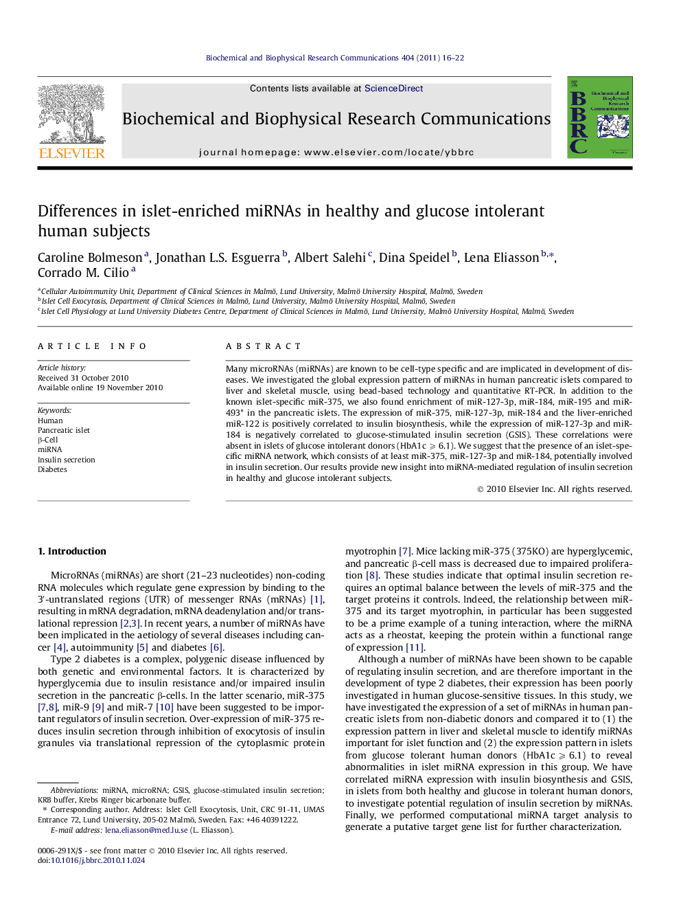 Differences in islet-enriched miRNAs in healthy and glucose intolerant human subjects