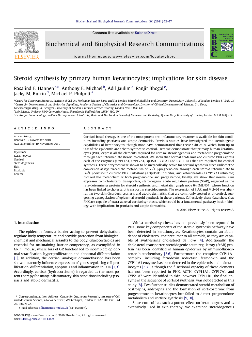 Steroid synthesis by primary human keratinocytes; implications for skin disease