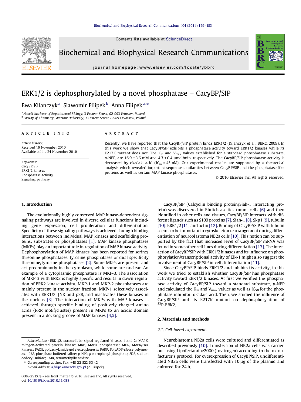 ERK1/2 is dephosphorylated by a novel phosphatase - CacyBP/SIP