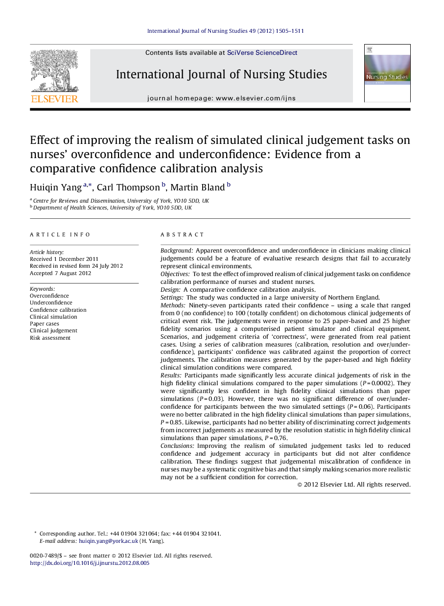 Effect of improving the realism of simulated clinical judgement tasks on nurses’ overconfidence and underconfidence: Evidence from a comparative confidence calibration analysis