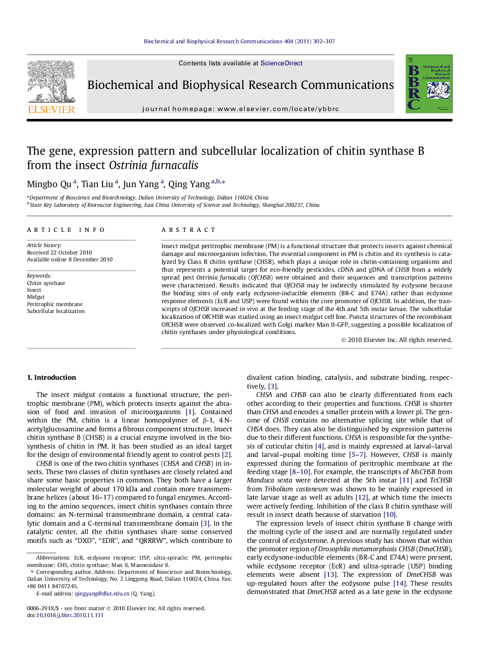 The gene, expression pattern and subcellular localization of chitin synthase B from the insect Ostrinia furnacalis