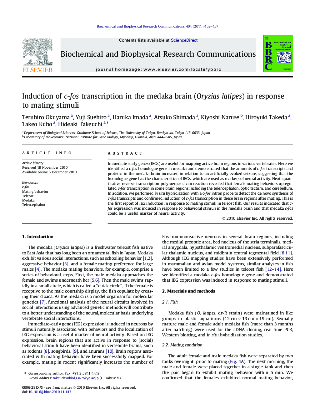 Induction of c-fos transcription in the medaka brain (Oryzias latipes) in response to mating stimuli