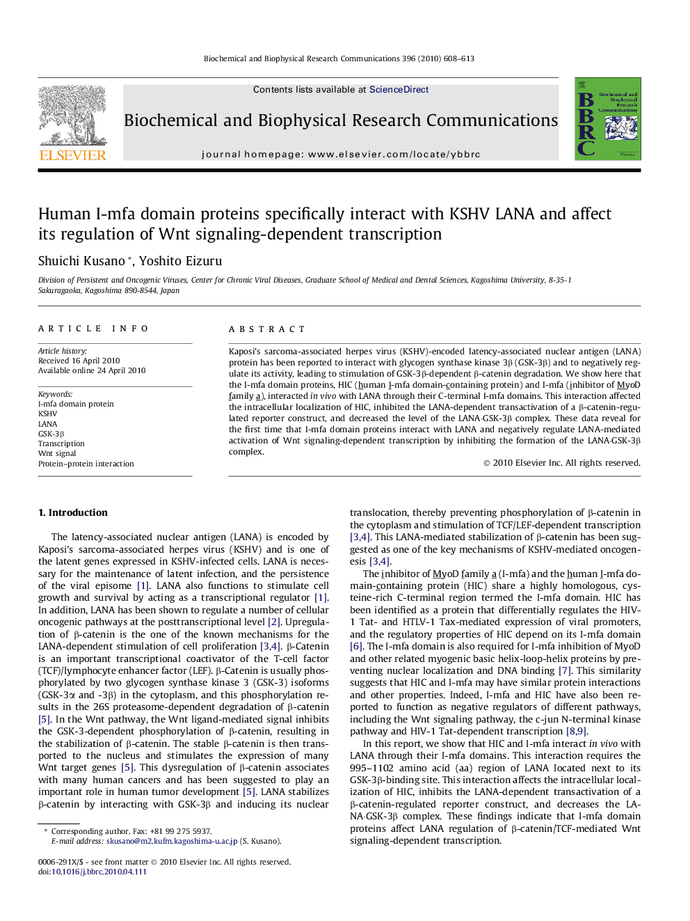 Human I-mfa domain proteins specifically interact with KSHV LANA and affect its regulation of Wnt signaling-dependent transcription