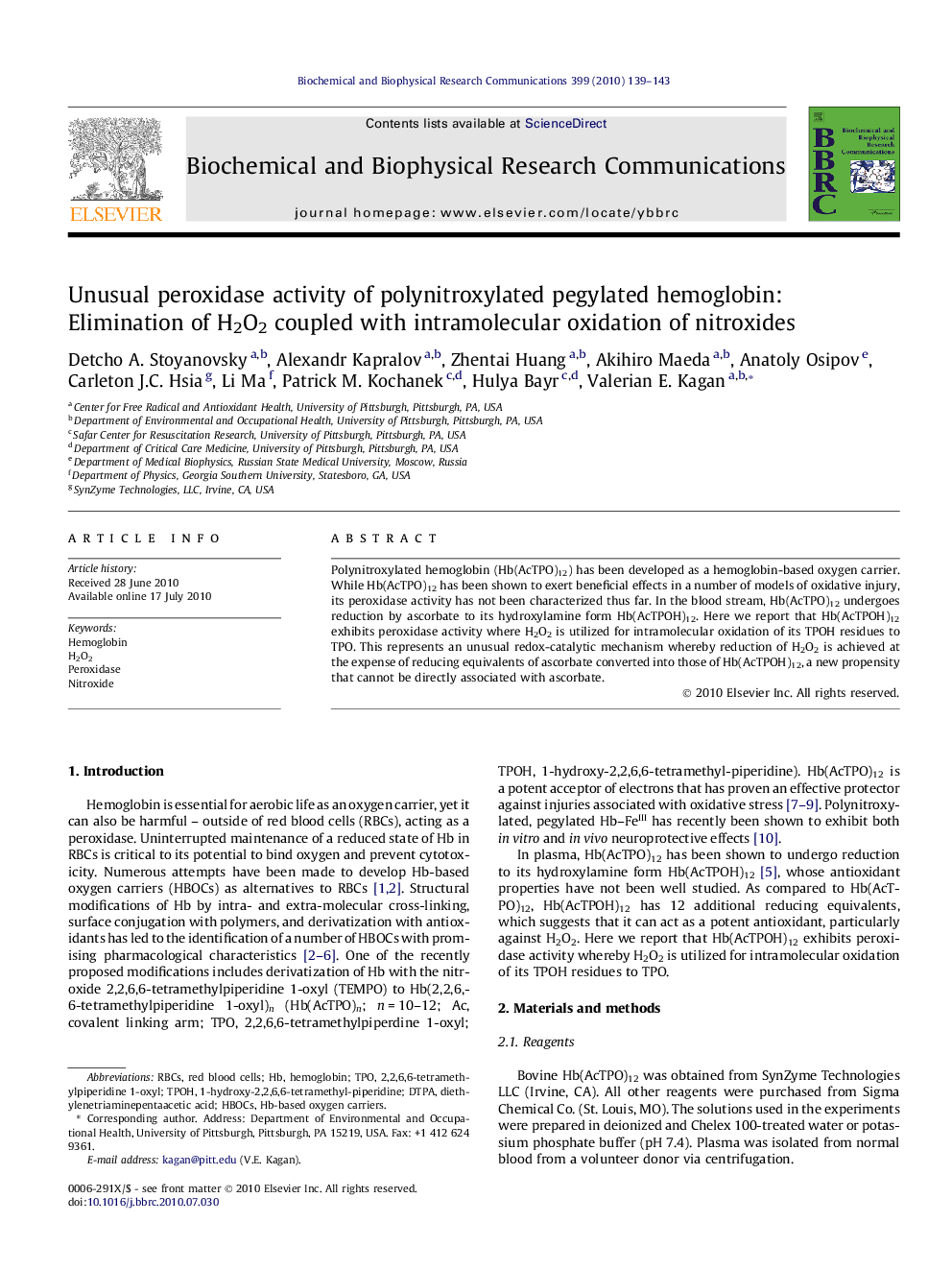 Unusual peroxidase activity of polynitroxylated pegylated hemoglobin: Elimination of H2O2 coupled with intramolecular oxidation of nitroxides