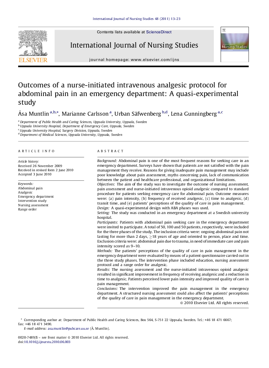 Outcomes of a nurse-initiated intravenous analgesic protocol for abdominal pain in an emergency department: A quasi-experimental study