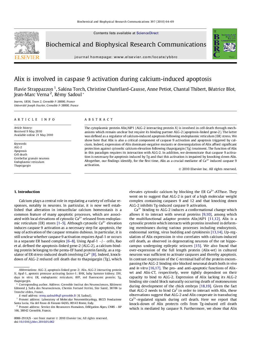 Alix is involved in caspase 9 activation during calcium-induced apoptosis