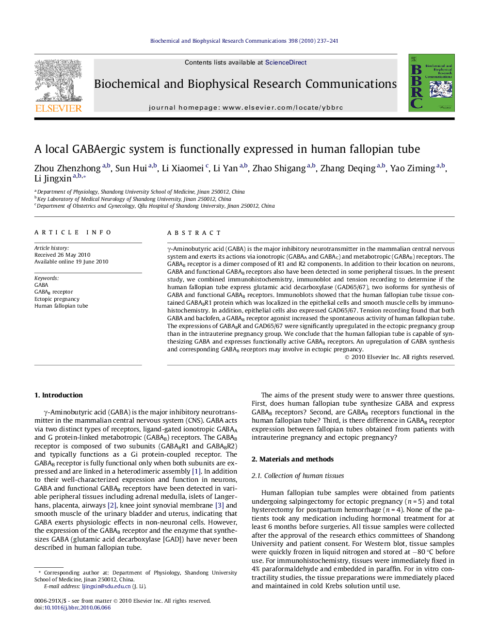 A local GABAergic system is functionally expressed in human fallopian tube