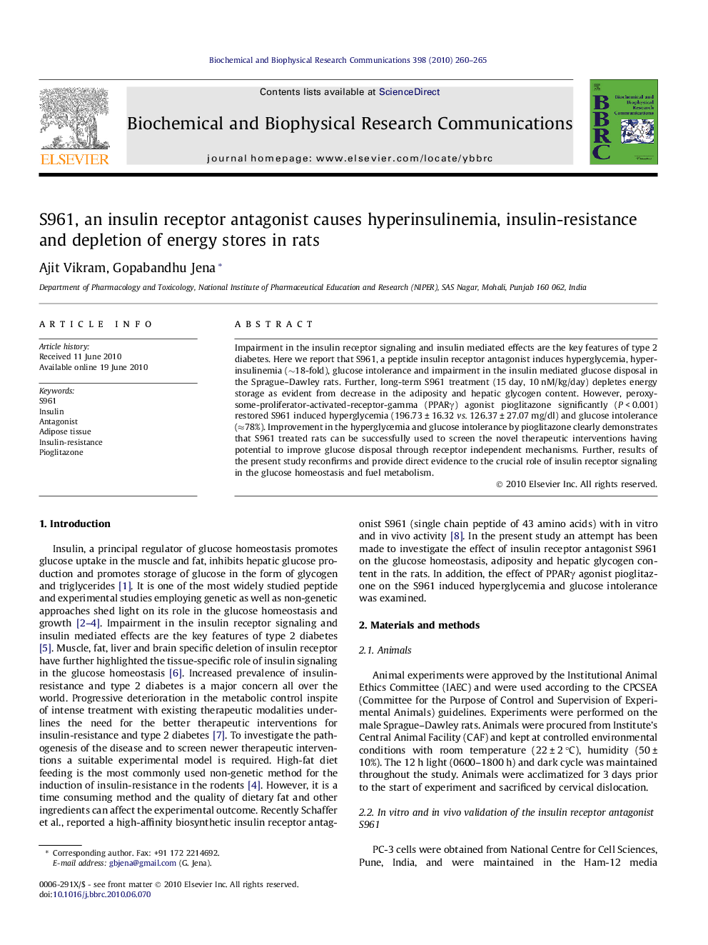 S961, an insulin receptor antagonist causes hyperinsulinemia, insulin-resistance and depletion of energy stores in rats