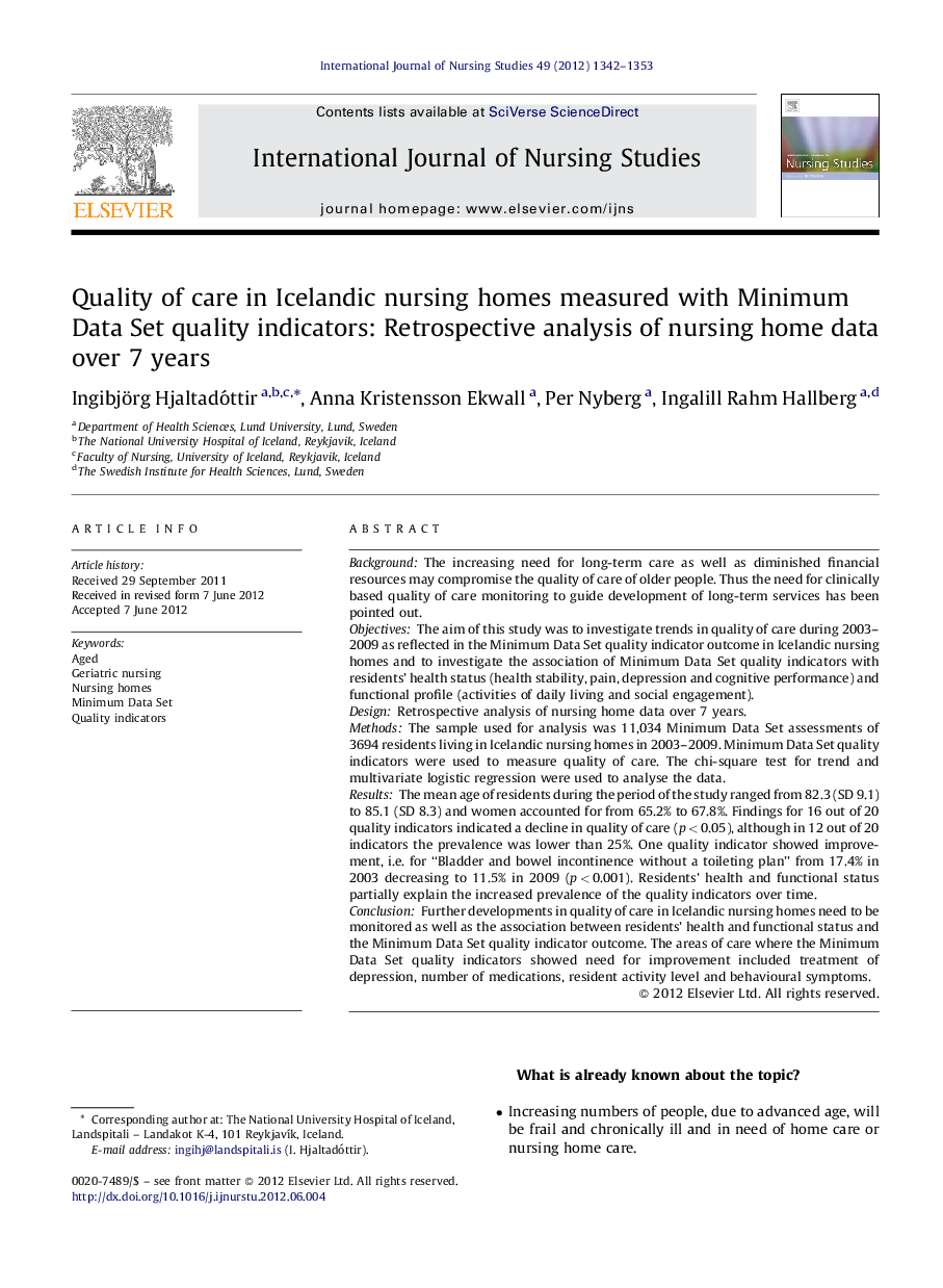 Quality of care in Icelandic nursing homes measured with Minimum Data Set quality indicators: Retrospective analysis of nursing home data over 7 years