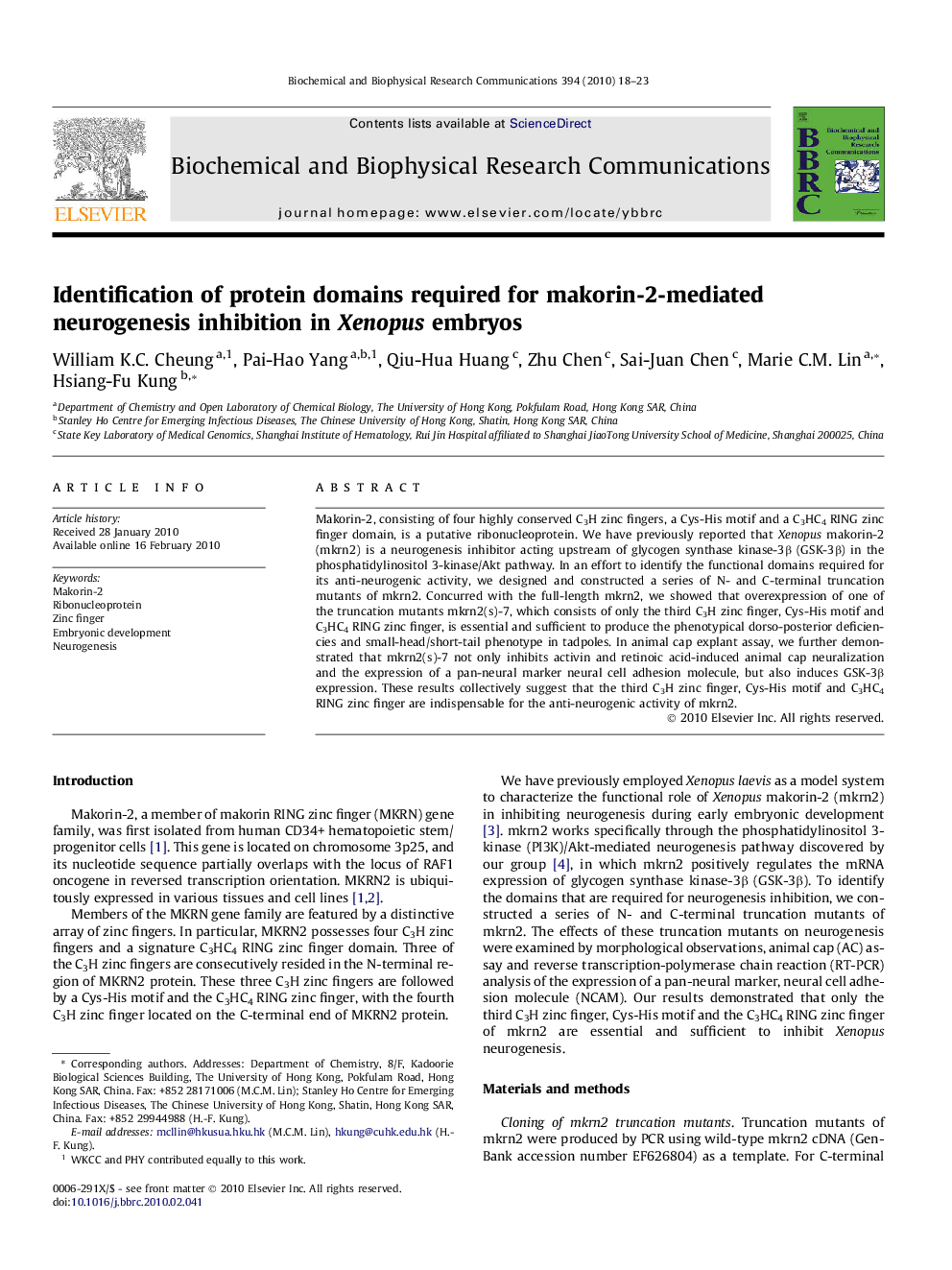 Identification of protein domains required for makorin-2-mediated neurogenesis inhibition in Xenopus embryos