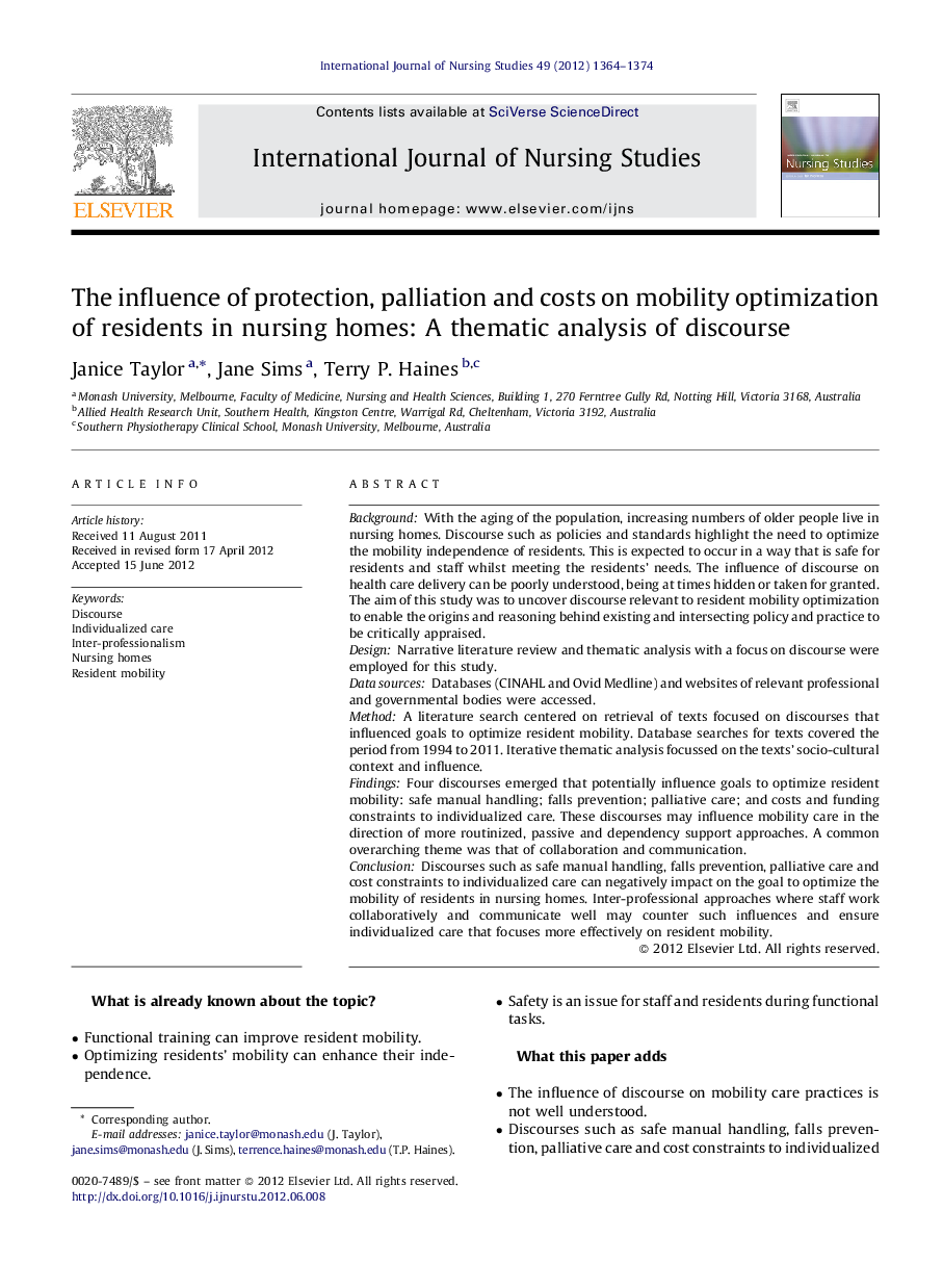 The influence of protection, palliation and costs on mobility optimization of residents in nursing homes: A thematic analysis of discourse