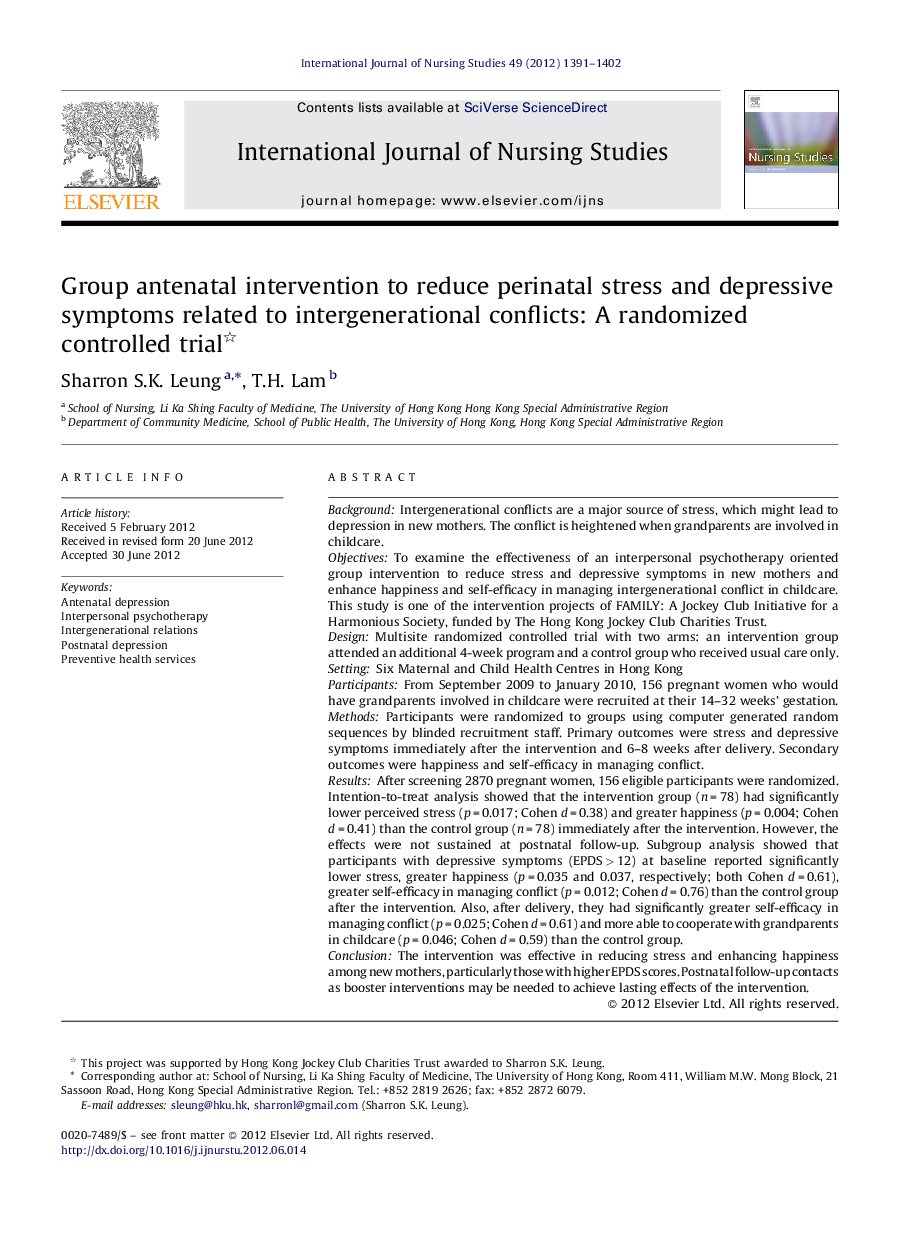 Group antenatal intervention to reduce perinatal stress and depressive symptoms related to intergenerational conflicts: A randomized controlled trial 