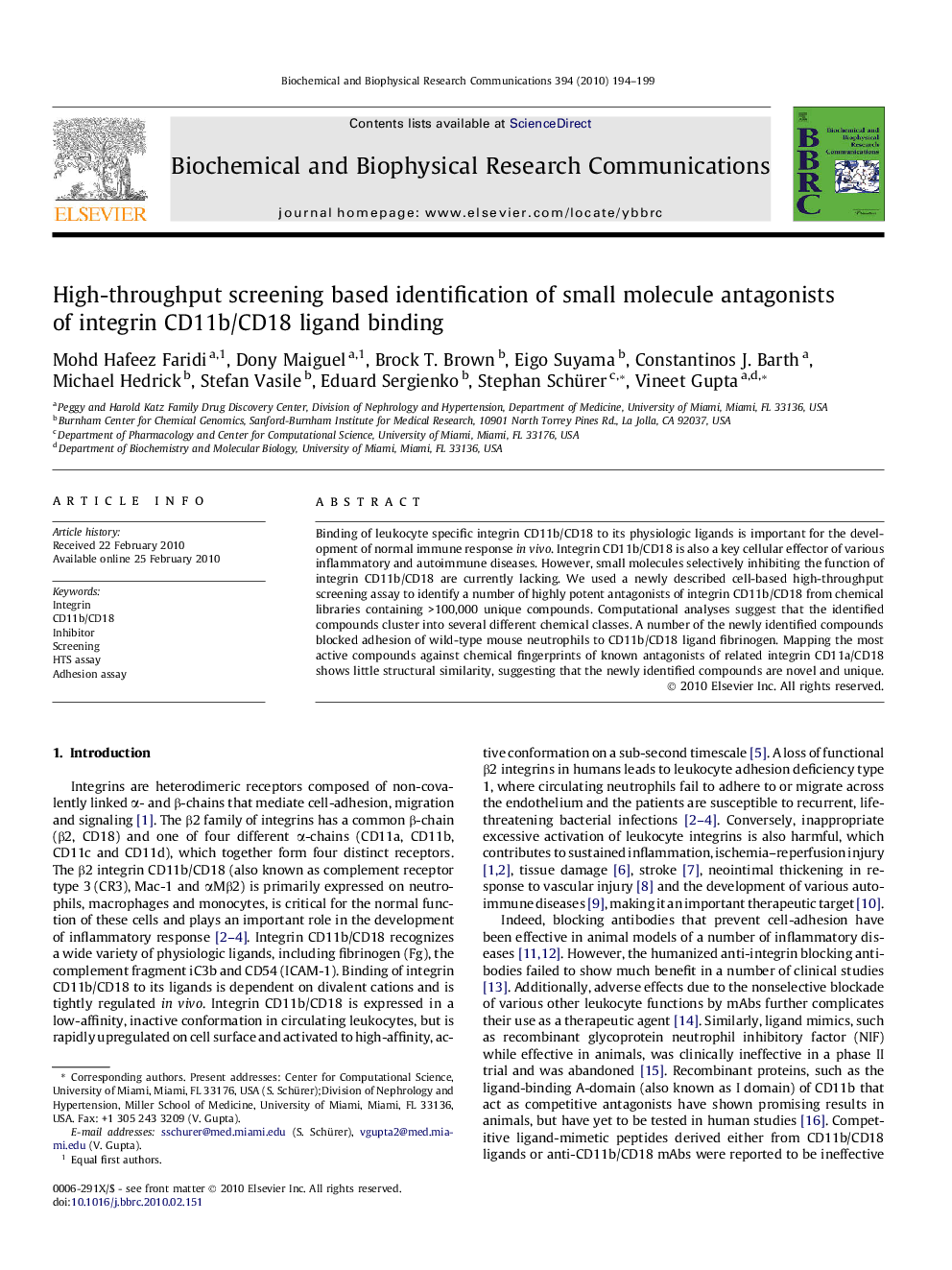 High-throughput screening based identification of small molecule antagonists of integrin CD11b/CD18 ligand binding