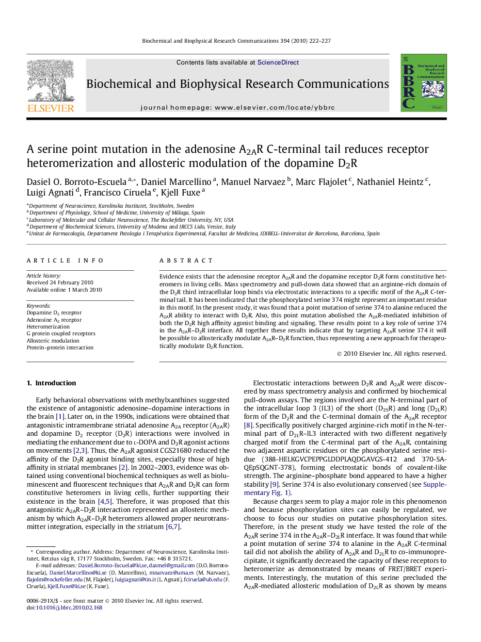 A serine point mutation in the adenosine A2AR C-terminal tail reduces receptor heteromerization and allosteric modulation of the dopamine D2R