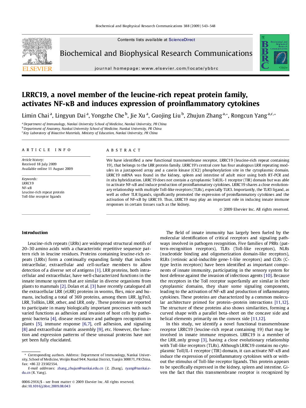 LRRC19, a novel member of the leucine-rich repeat protein family, activates NF-ÎºB and induces expression of proinflammatory cytokines