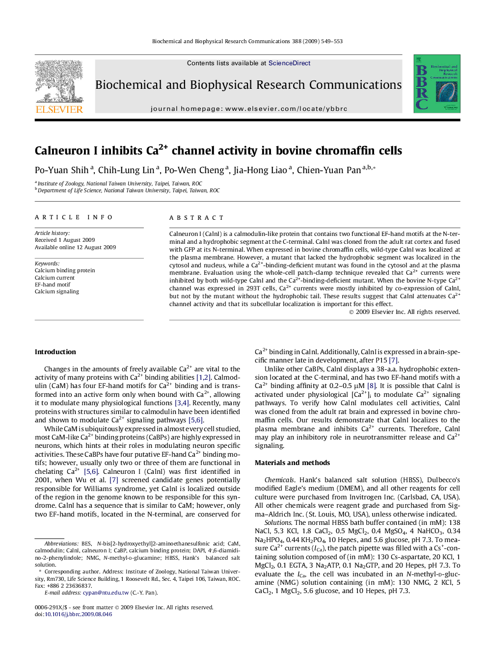 Calneuron I inhibits Ca2+ channel activity in bovine chromaffin cells