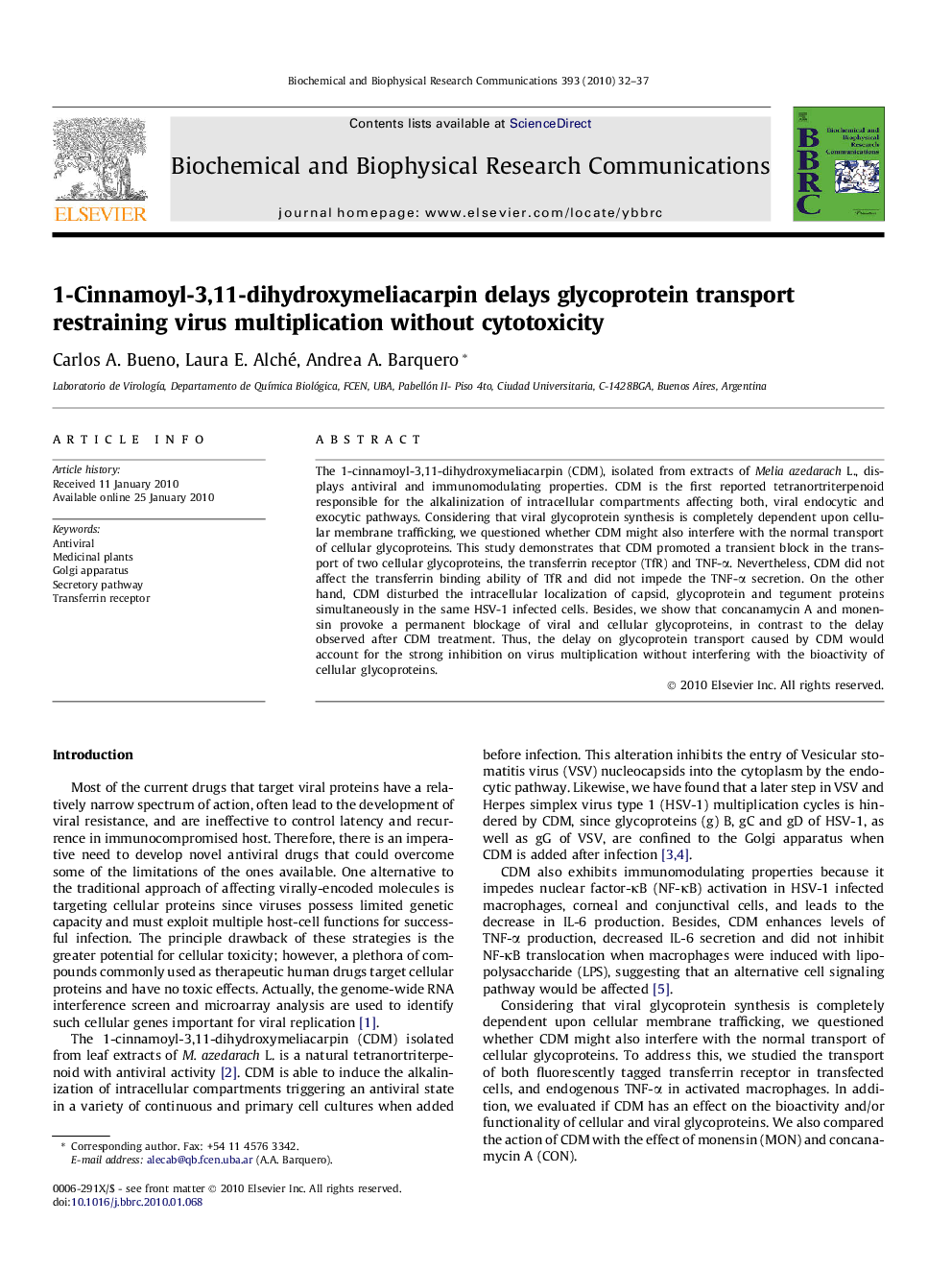 1-Cinnamoyl-3,11-dihydroxymeliacarpin delays glycoprotein transport restraining virus multiplication without cytotoxicity