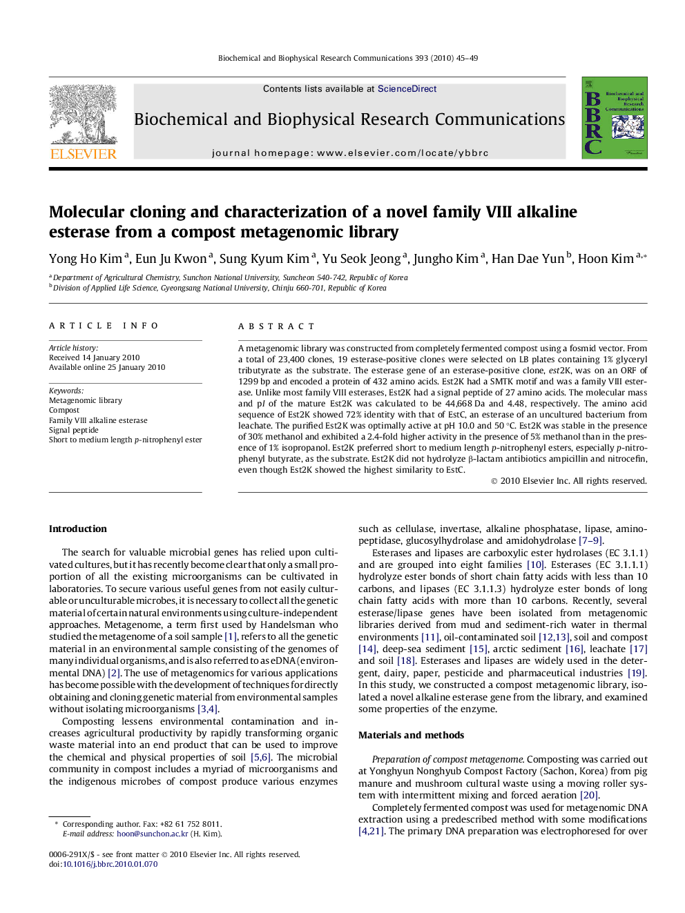 Molecular cloning and characterization of a novel family VIII alkaline esterase from a compost metagenomic library