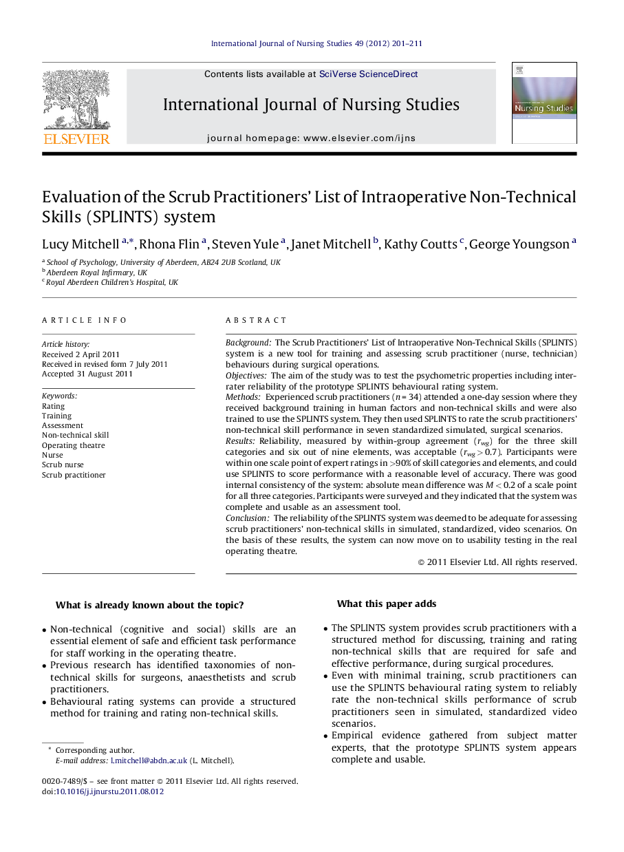 Evaluation of the Scrub Practitioners’ List of Intraoperative Non-Technical Skills (SPLINTS) system