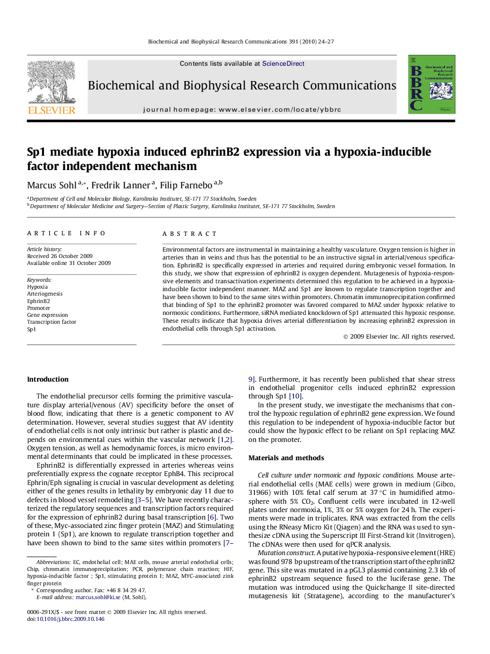 Sp1 mediate hypoxia induced ephrinB2 expression via a hypoxia-inducible factor independent mechanism